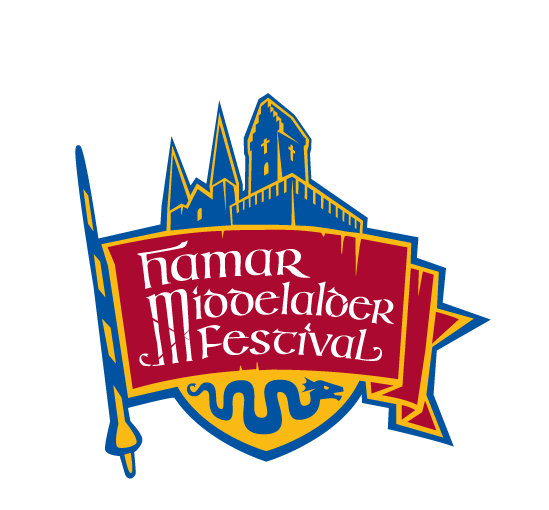 Hamar Middelalderfestival sin logo er er rødt banner med festivalens navn. Banneret er festet i en blå og gul lanse til venstre. Over banneret ses en tegnet blå og gul silhuett av middelalderbygninger, og under stikker det fram ned-delen av et skjold i blått og gult.