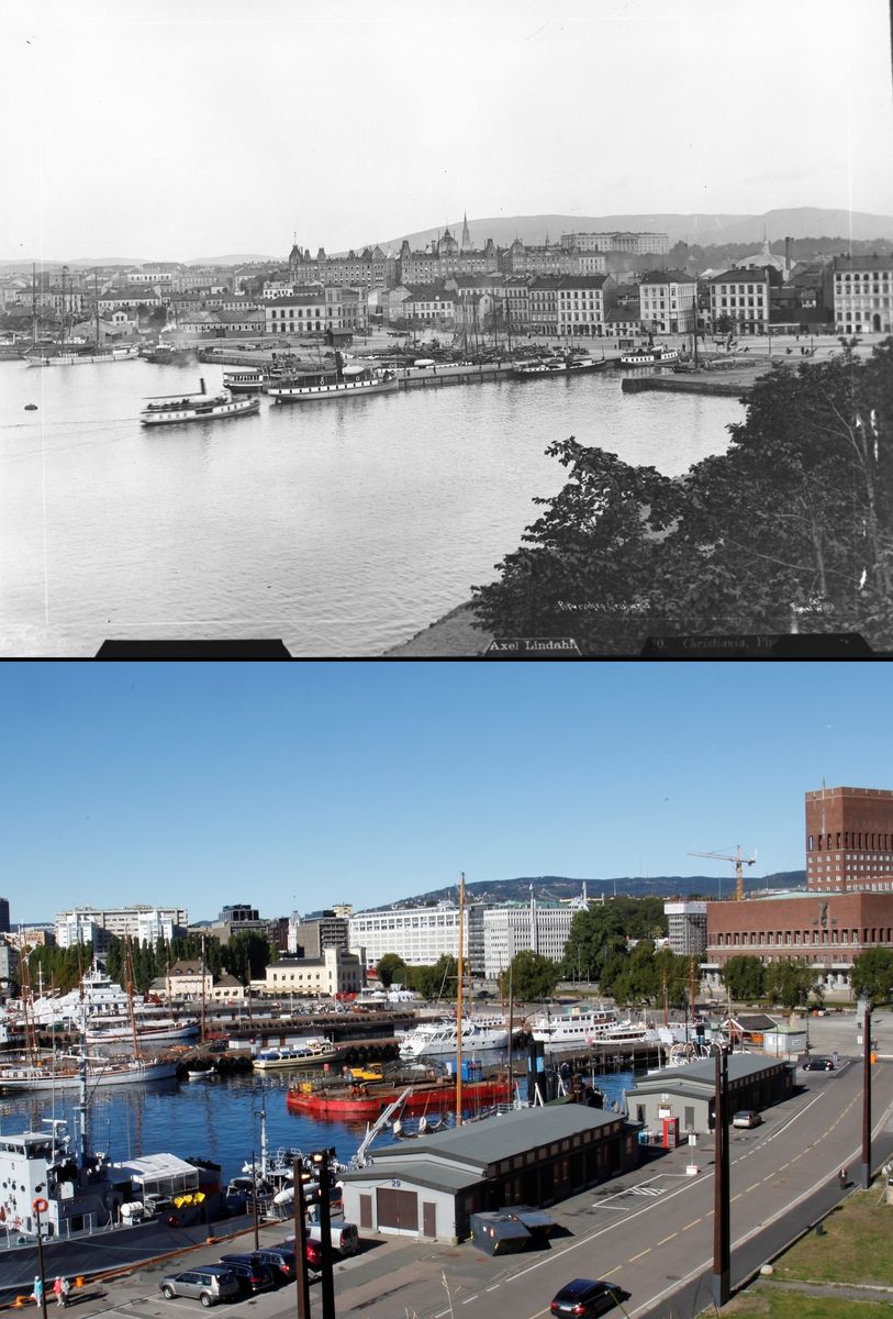 Refotografering. Pipervika og Rådhuskaia, fotografert 1890 og 2013. Utbygging og nedbygging av havneområdet. Bare Vestbanen står igjen.