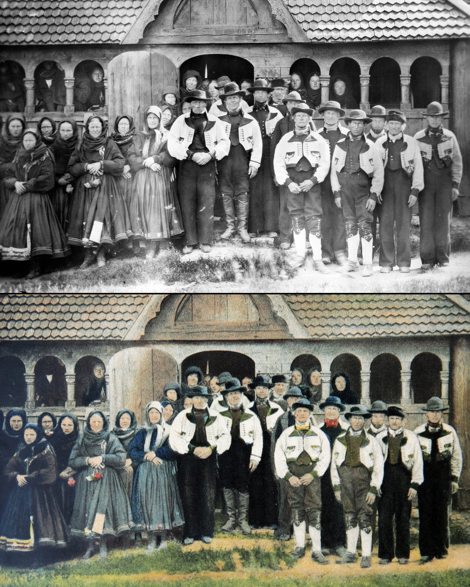 To gruppebilder, det ene fargelagt, av kvinner og menn kledd i Telemarksdrakter, stilt opp foran inngangsportalen til Heddal stavkirke ved Notodden, Telemark. Fotografert 1884.