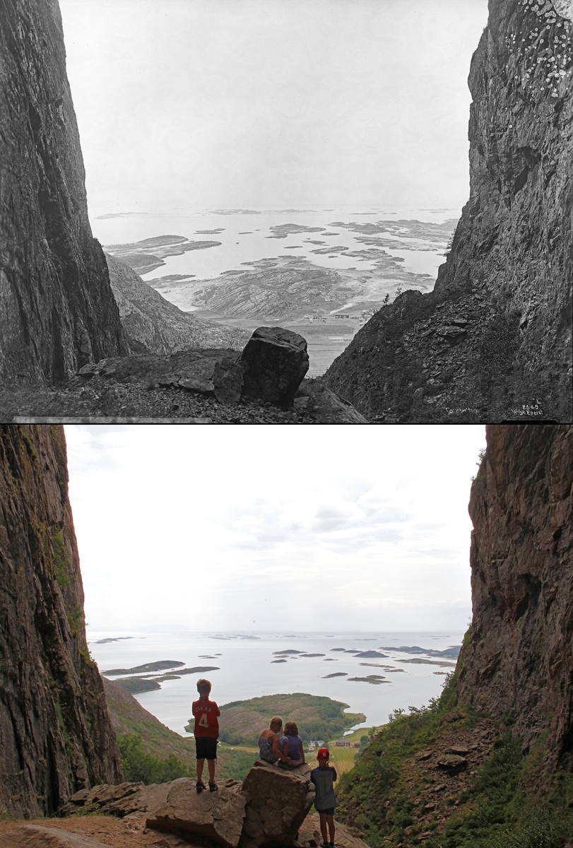 Refotografering. Utsikt mot sørvest fra Torghatten der det sitter barn på en stein inn i hatten i 2014. Fotografert 1889 og 2014.