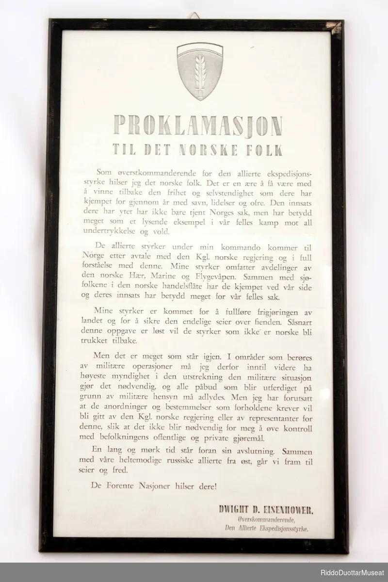Proklamasjon til det norske folk fra Dwight D. Eisenhower.