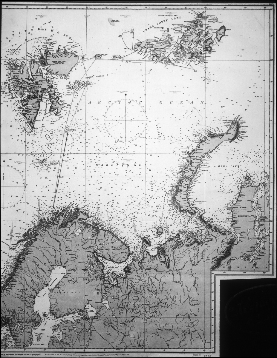 Karta med fartyget Bratvaags rutt inlagd i samband med fyndet på Vitön. Diapositiv, glas.