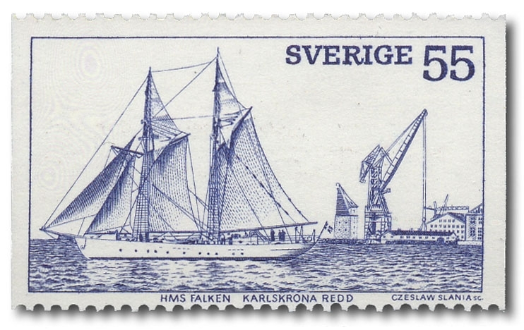 Skonerten HMS Falken vid Karlskrona hamn.