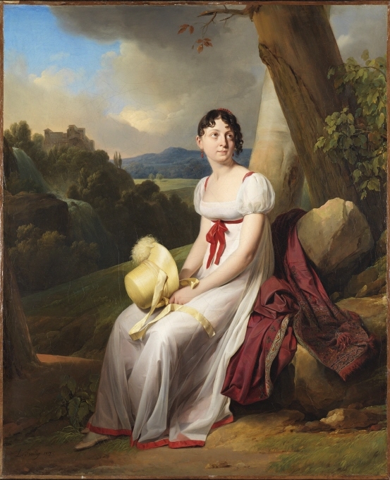 Beskrivning på inventarieblanketten: Målningen föreställer en kvinna i ett landskap, sittande på en sten intill en trädstam.