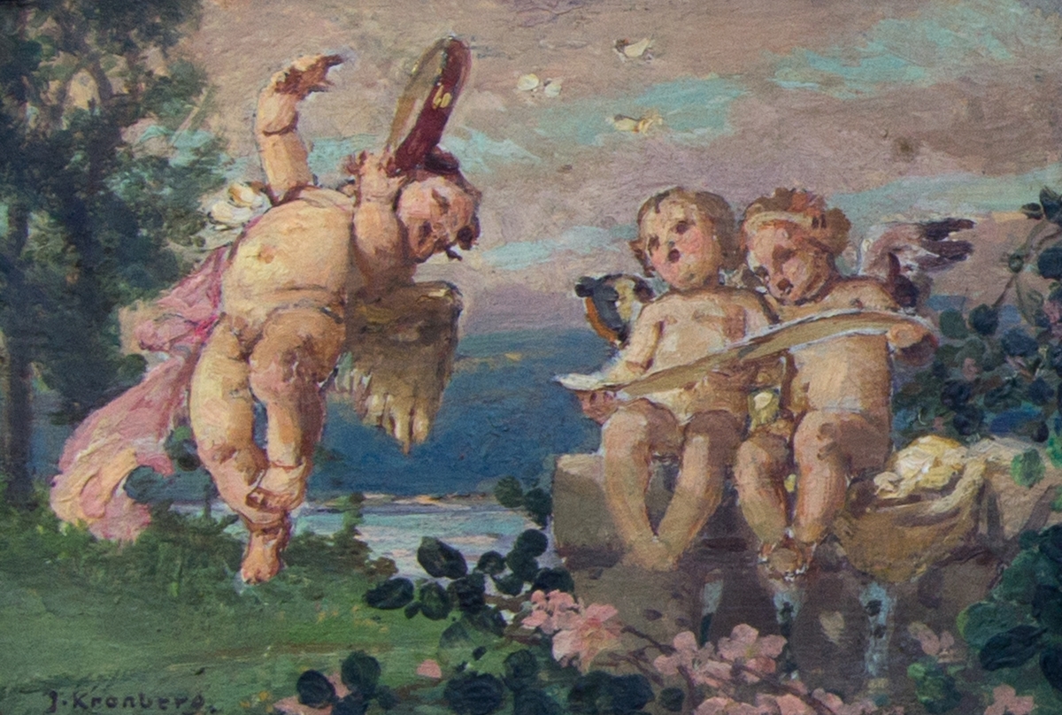 Tre skisser, från vänster till höger:En putto spelar tamburin och två sittande putto sjunger med notblad i händerna; två putti på en balustrad, den ena spelar flöjt och den andra ligger på mage och lyssnar; tre musicerande putti på en balustrad, en sittande, en liggande och en stående.