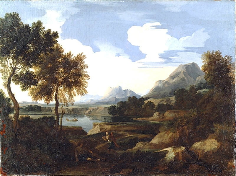 Landskap med jägare, berg och sjö