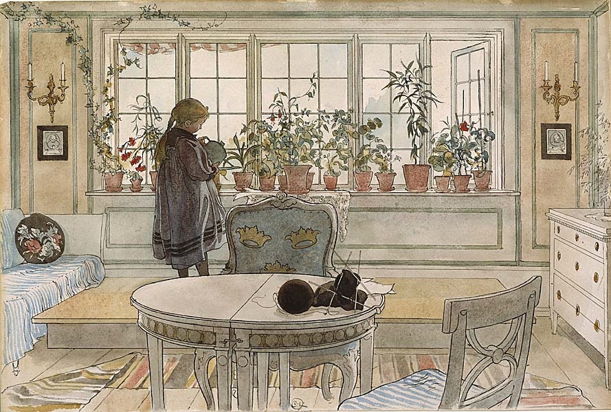 Blomsterfönstret är en av de mest välkända akvarellerna från Lilla Hyttnäs. Interiören illustrerar flera av de ideal Ellen Key lyfte fram i Skönhet för alla. Dagsljuset flödar in och det öppna fönstret fyller rummet med frisk luft. Här saknas 1800-talets tunga gardinuppsättningar med tofsar, fransar och dammsamlande draperingar. På fönsterbrädan står växter i enkla terrakottakrukor. Här finns inga grällt målade blomkrukor dekorerade med motiv i högrelief  med avbilder av flora och fauna. Det ideala föremålet ska enligt Key tillfullo uppfylla sitt ändamål. Krukor är till för plantor och fönsterbrädans skönaste utsmyckning var naturligt grönskande växter – inte rikt utstyrda ytterkrukor. I Carl Larssons Ett Hem står det klart att ”konstgjorda blommor med band, damm och mikrober” inte var något att ha.
