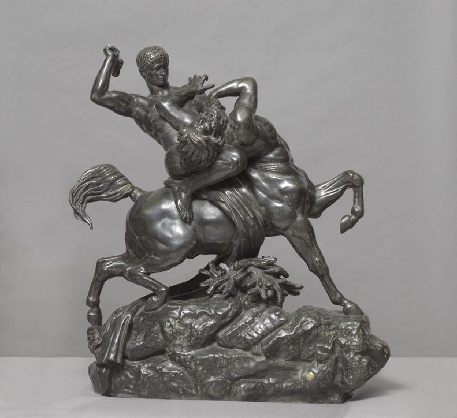Barye utförde en stor mängd djurskildringar i form av skulpturer, teckningar och målningar. Framförallt fascinerades han av exotiska djur – ett intresse han delade med Delacroix. De var till exempel båda flitiga besökare av det kringresande zoo som förevisades i Paris runt 1830, där den berömda tigern Atir kunde studeras på nära håll. Också i Baryes verk är kamp och dramatik ett återkommande motiv.  I vissa fall förenar han den realistiska skildringen av de kämpande djuren med teman hämtade ur den antika mytologin – som här i skulpturen Theseus kamp med kentauren.