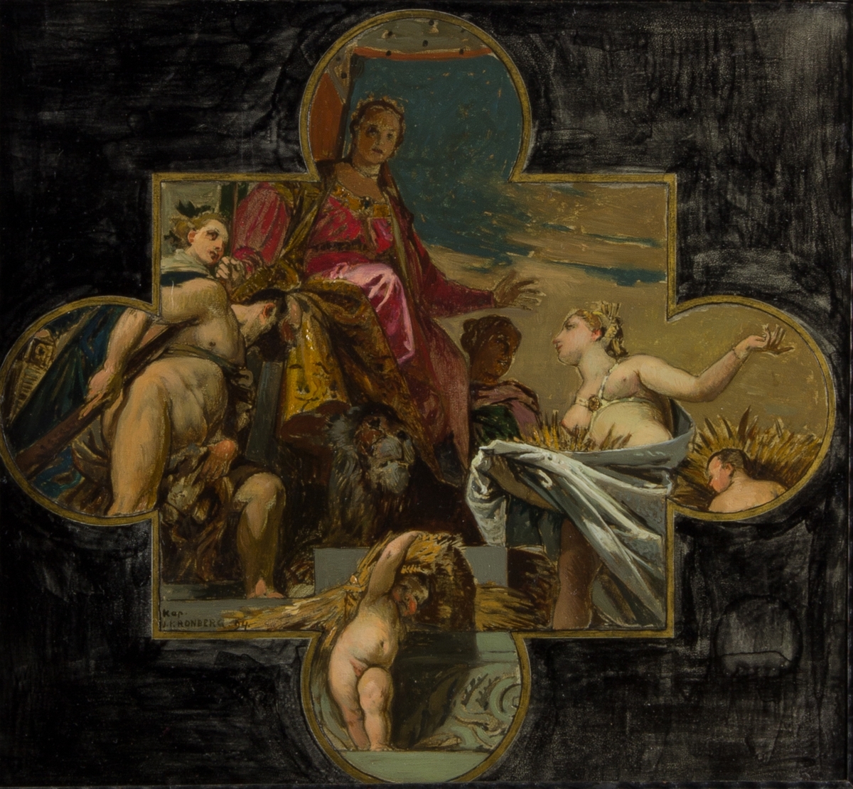 Allergorisk framställning av Venezia sittande på en tron med ett lejon vid fötterna. Hyllad av till vänster Hercules, naken, och till höger gudinnan Ceres.