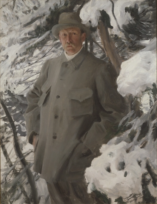 I detta porträtt har Anders Zorn placerat Bruno Liljefors i ett vinterlandskap. Porträttet kan tolkas som en anspelning på Liljefors egen bildvärld. Liksom djuren i hans målningar är gömda i terrängen, förenas här konstnären själv med naturen. Inget ljus faller över hans ansikte och halvt dold bakom de snötyngda grenarna vävs hans gestalt samman med vegetationen.