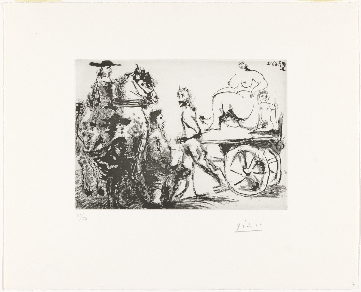 Don Quijote, Sancho og en musketer betrakter Dulcinea passere i en kjerre trukket av en maskert mann [Grafikk]
