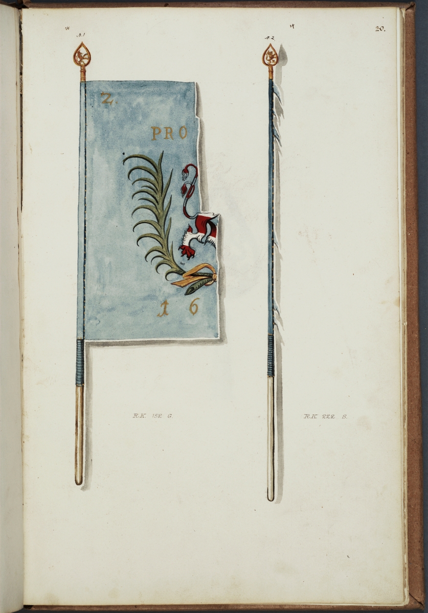 Avbildningar i gouache föreställande fälttecken tagna som troféer av svenska armén. De avbildade fanorna finns bevarade i Armémuseums samling, för mer information, se relaterade objekt.