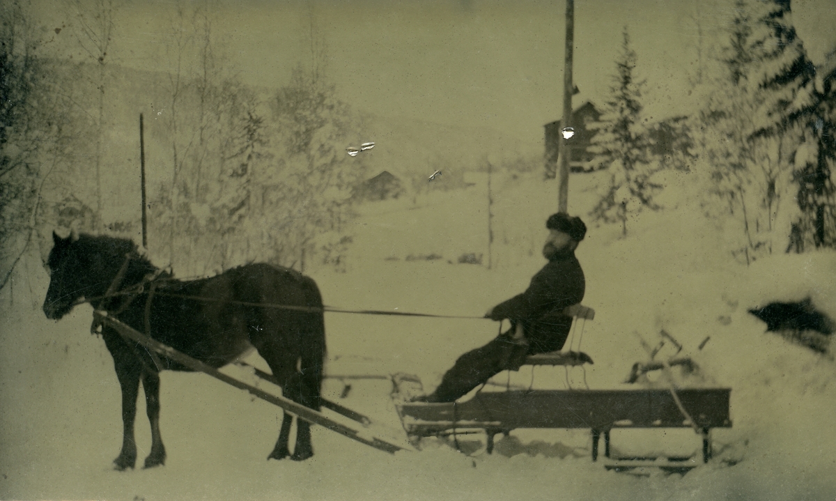 Prospektkort av Andreas Hagen sittende på en slede med hest.