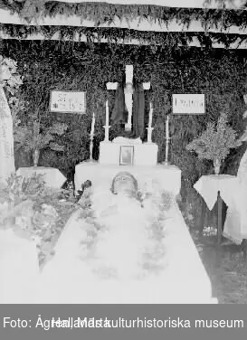 Begravningsvagn, begravning och likvaka, Maj 28 år. Beställare av fotograferingen: John Bernandersson, Syllinge, Veddige.