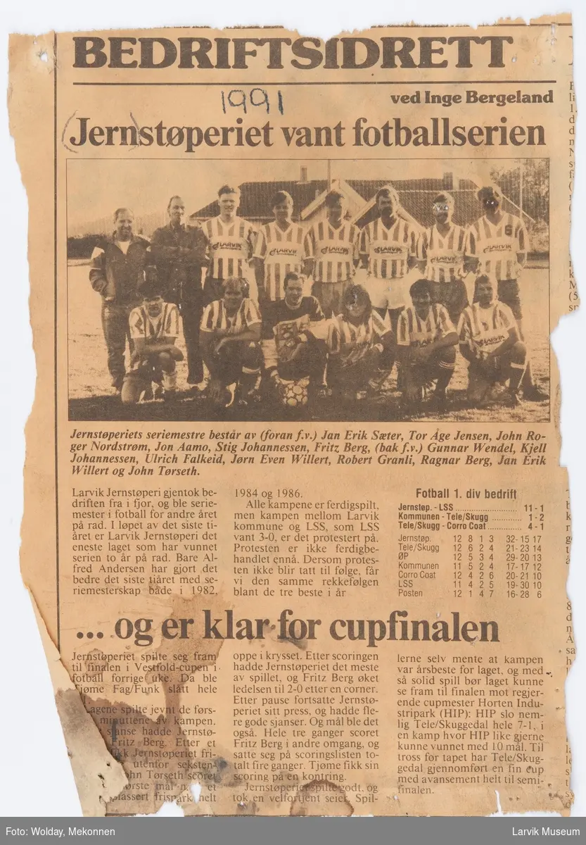 Larvik Jernstøperi's  fotballag 1991.