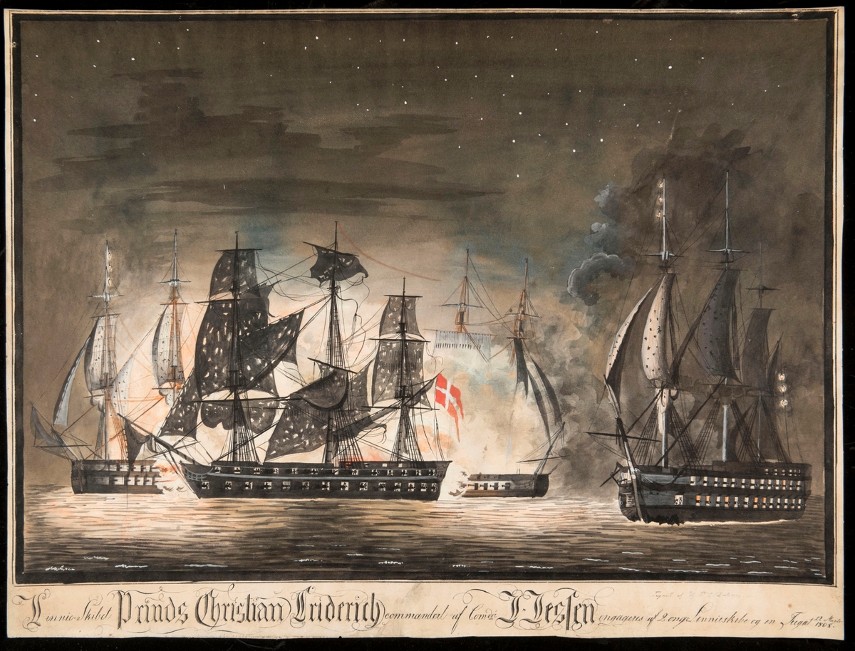 Fra slaget ved Sjællands odde, med linjeskipet 'Prinds Christian Friderich' og engelske krigsskip.