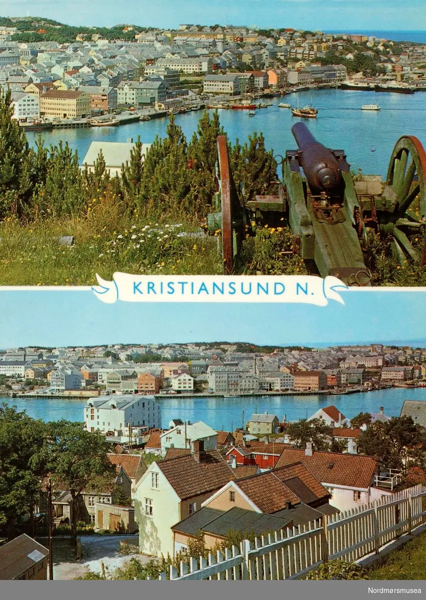 Postkort ";T-B-6"; fra Kristiansund med to kjente motiver fra bybildet. I det øverste bildet ser vi kanonen på Bautahaugen på Innlandet, med det gamle vannreservoaret like nedenfor. I bildet under ser vi Innlandet med bebyggelse i front, samt Kirkelandet på andre siden av havnebassenget.  Datering er trolig rundt 1960-1970. Fra Nordmøre Museums fotosamlinger. Reg: EFR
