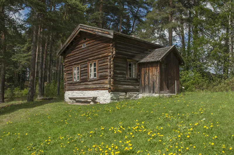 Gråbrunt tømmerhus, halvannen etasje, med tilbygd vindfang på langveggen. Huset er ei husmannsstue og ligger litt oppi en bakke med gress og løvetann.