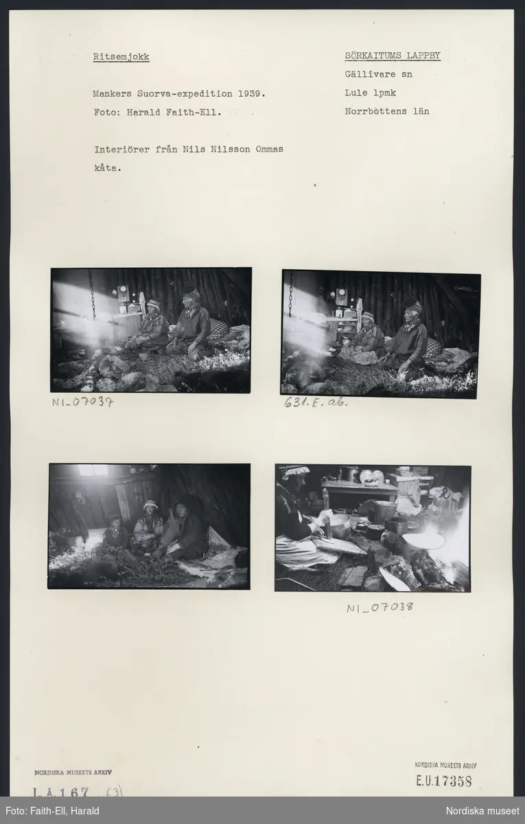 Ark med fyra monterade bilder från Ernst Mankers Suorva-expedition. Interiörer från Nils Nilsson Ommas kåta.