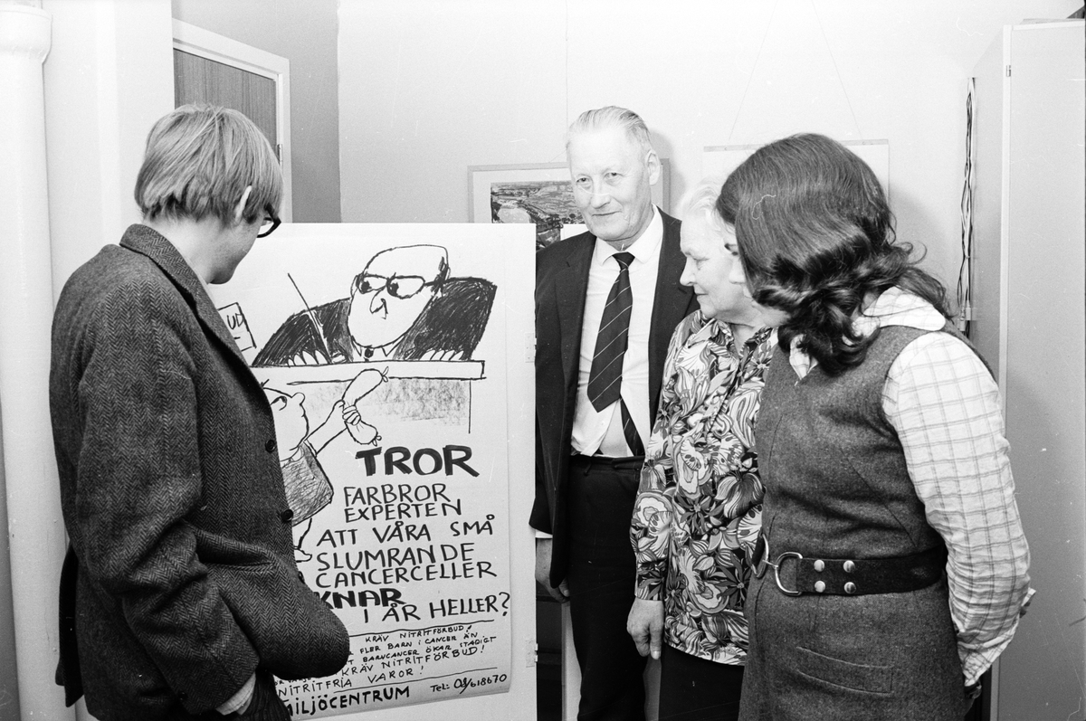 Föreläsaren Björn Gillberg, Edvin Hellberg, Edit Blom och studiecirkelledaren Inger Sundblom, miljödag i Tierp, Uppland februari 1973
