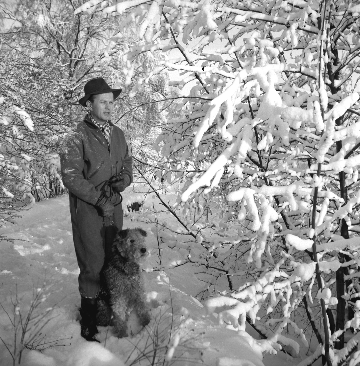 Bengt Müller direktörsassistent på Gefle Ångväveri. Ute på villa Sjötorp, Norrlandet.  För tackkort. 28 februari 1950.


