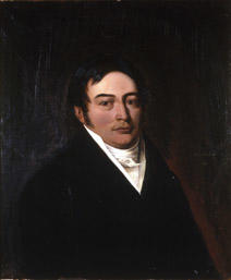 Portrett av John Moses. Mørk drakt, hvit vest, skjorte og halsbind. Rødbrun bakgrunn. (Foto/Photo)