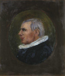 Portrett av eidsvollmann Jens Stub  Mann med grått hår og prestedrakt, profil  Innskrevet i oval, lysere enn resten av bakgrunnen.. Foto/Photo