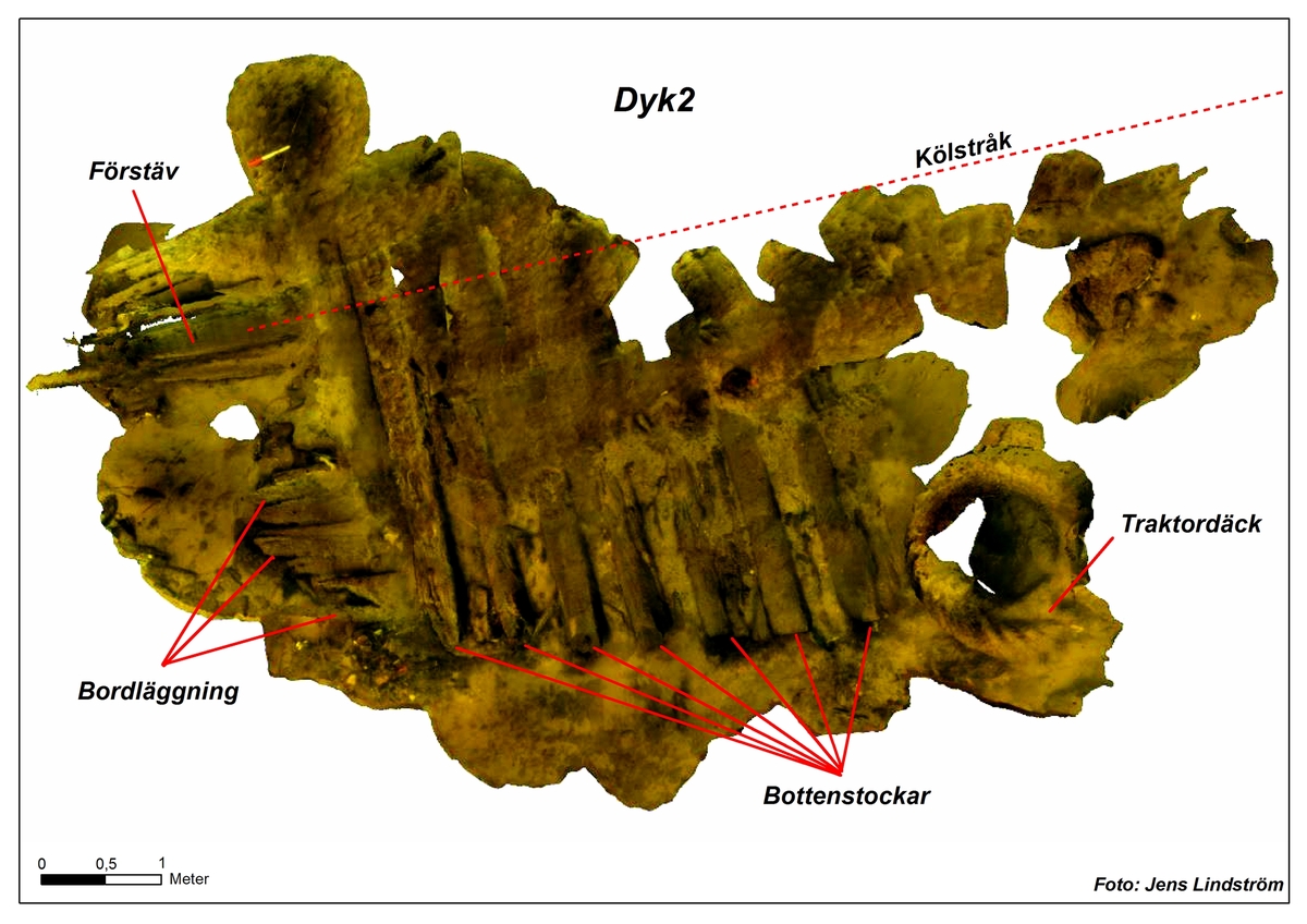 3D plan över Dyk 2 visar delar av skrovet, förstäven och infästningen av bordläggningen i bottendelen.