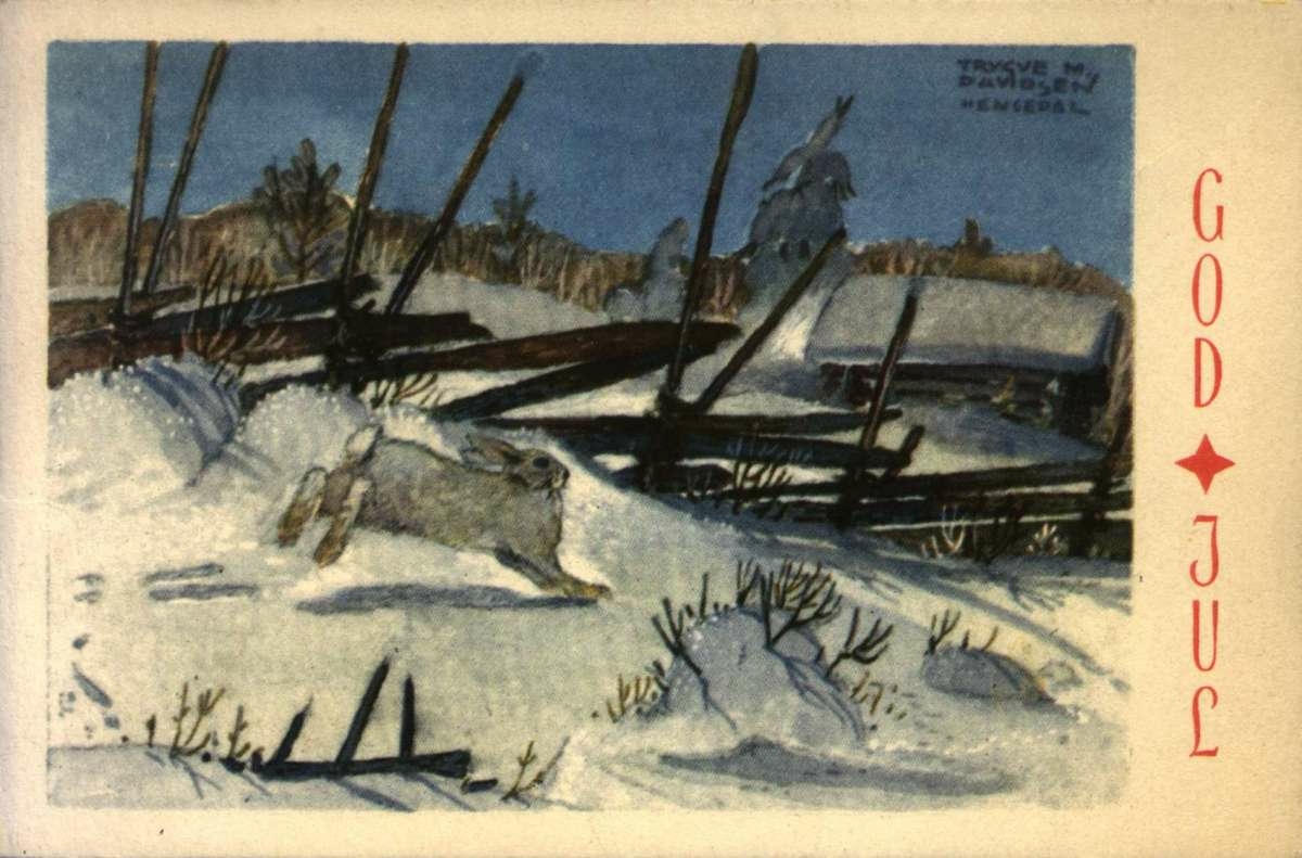 Julekort. Julehilsen. Vintermotiv. Landskap med skigard. I forgrunnen en hare. Illustrert av Trygve M. Davidsen (1895-1978).