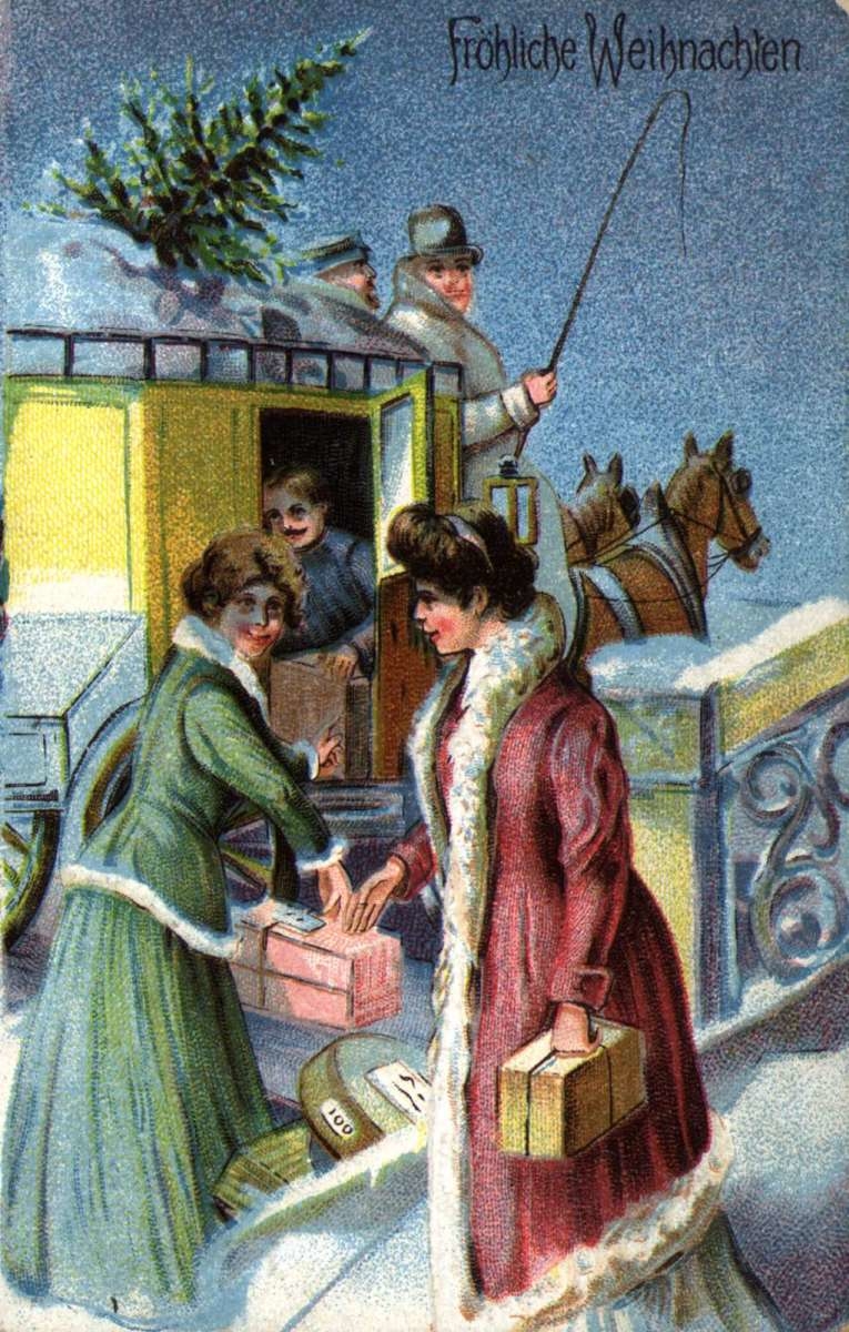 Julekort. Nyttårshilsen. Vogn med to kusker trukket av to hester. Juletre på taket. To kvinner med julegaver i forgrunnen. På forsiden: Tysk tekst. Stemplet 02.01.1909.