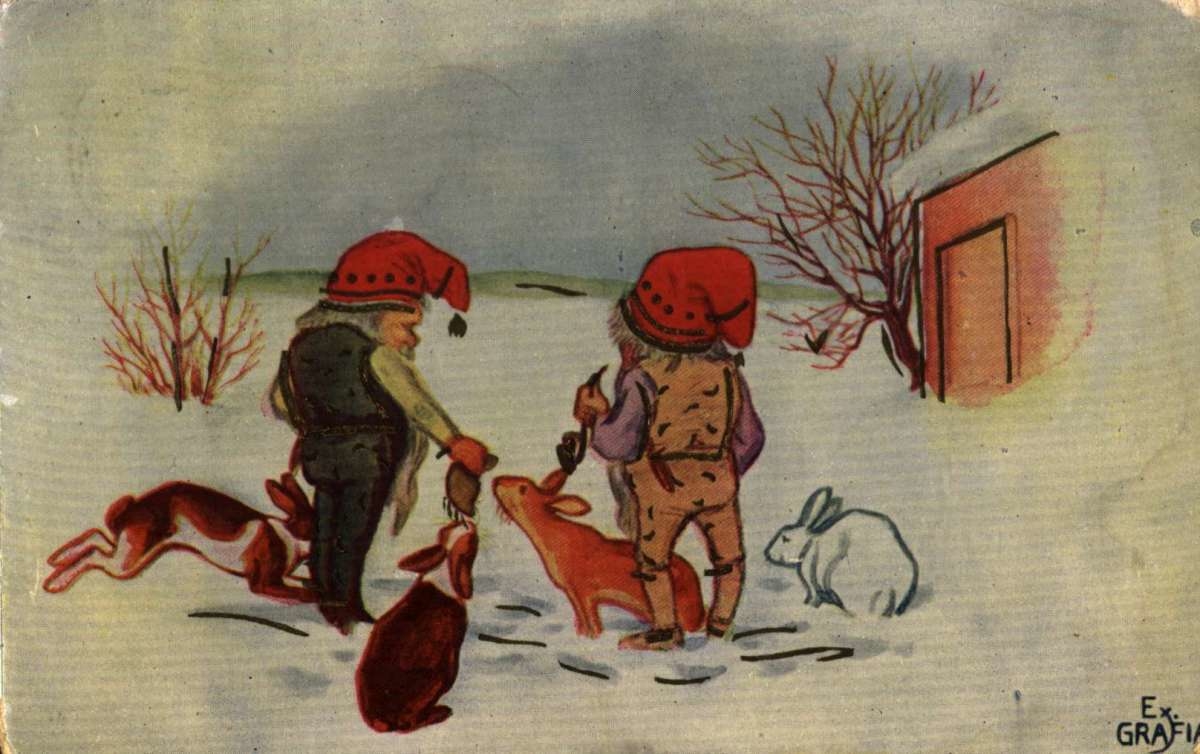 Postkort. Jule- og nyttårshilsen. Vintermotiv. Landskap. To nisser mater harer. Stemplet 22.12.1917.