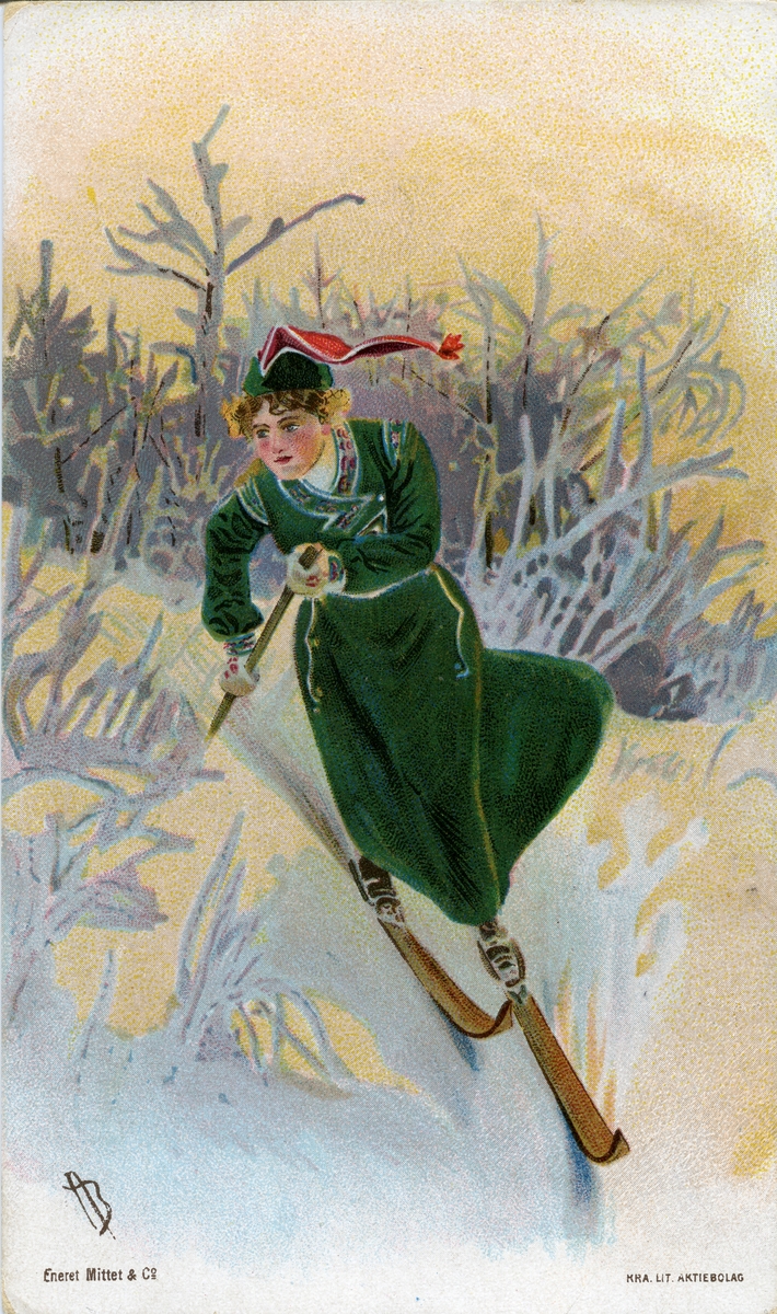 Postkort. Jule- og nyttårshilsen. Vintermotiv. Kvinne på skitur kledd i skidrakt med skjørt. Datert 1902-1903.