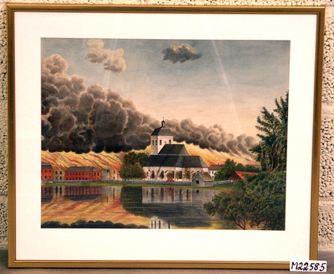 Akvarellmålning.
Brinnande hus bakom Växjö domkyrka. 
Föreställer trol. konstnärens vision av branden 1843.