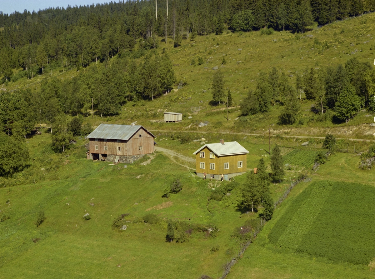 Jonsborg. Kulturlandskap. Gårdsbruk med gulbrun bygning og rødbrunt fjøs. Åker og utmark. Lauvskog rundt.