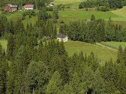 Kulturlandskap. Dyrka mark. Lysegultt bolighus, gårdsbruk ba