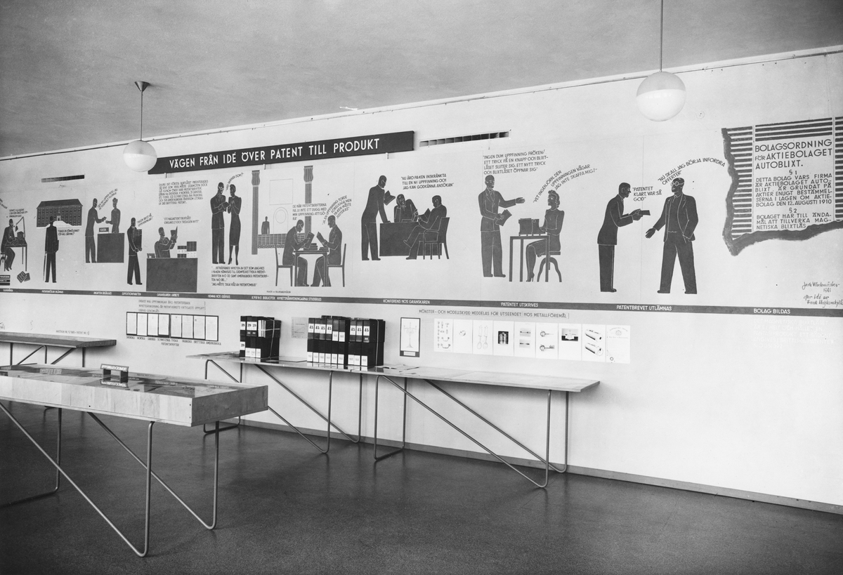 Totalvy över Jerk Verkmästers fris, kallad "Vägen från idé över patent till produkt", å utställningen Idé, Patent och Produkt, Tekniska museet, 1942.