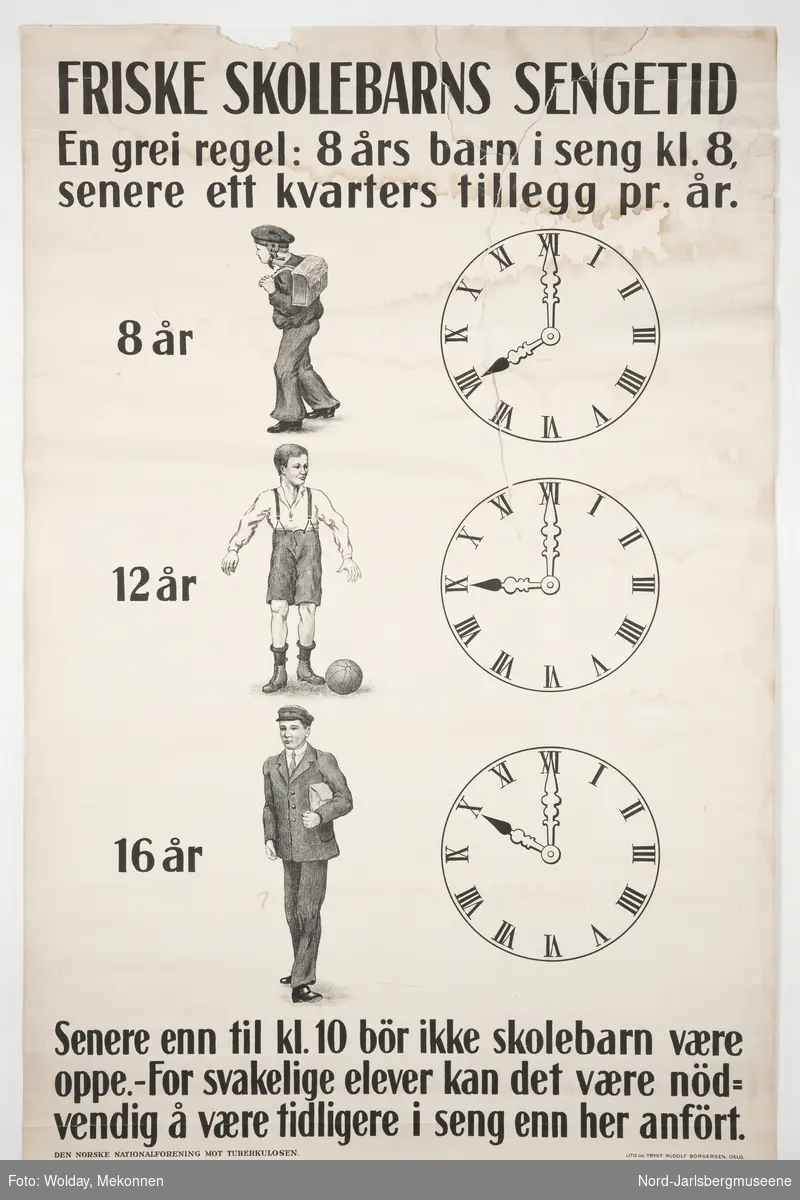 Plakat med klokkeslett og en beskrivelse av leggetid i sammenheng med barnets alder.