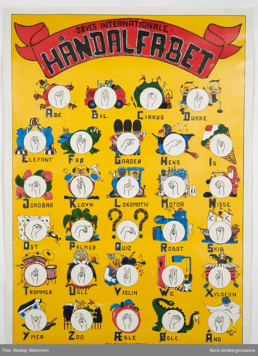 Plakat over håndalfabet for døve A-Å