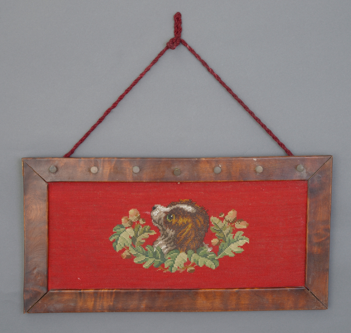En knaggrekke som består av et brodert bilde som er rammet inn. Bakgrunnen på bildet er brodert med rødt garn (ullgarn?). På midten er det brodert et hundehode i glassperler. Front og snuteparti er brodert i ulike nyanser av grått og hvitt, og det går en stripe opp på hodet. Resten av hundehodet er brodert i ulike nyanser av brunt. Under hundehodet er det brodert en ranke av blader i brodergarn. Dette er brodert i ulike nyanser av grønt med noe innslag av brunt. Broderiet er rammet inn i en ramme av tre. På den øverste delen av rammen er det skrudd in 7 små knagger av metall. Opphenget er rød ulltråd som er tvunnet og festet med stift på baksiden. På baksiden er det en tynn treplate som er skrudd fast. Nede i høyre hjørne er det satt på en forsterkning i nyere tid.