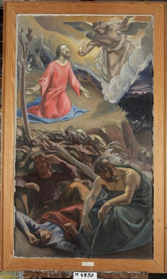 Oljemålning (skiss) på duk.
Jesus mottager den sista smörjelsen i örtagården Getsemane. 
Skiss till altarmålning i Norrahammars kyrka.