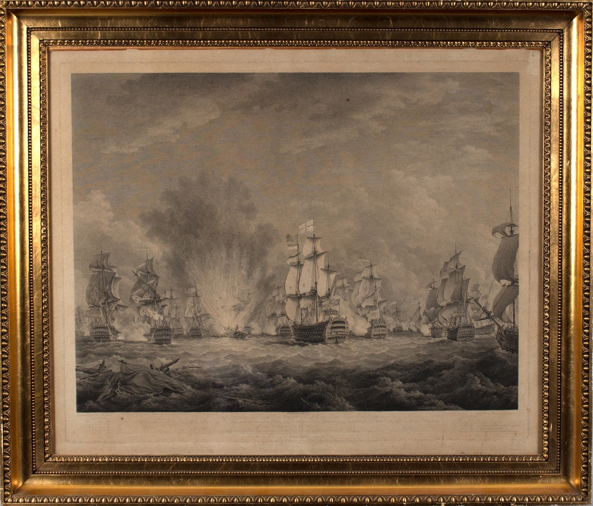 Sjøslag mellom spanske og engelske orlogsfartøy i slaget ved  Kapp St. Vincent i 1780. I midten står et skip i full brann, og i motivets forgrun har skipbrudne klatret opp på vrakgods.