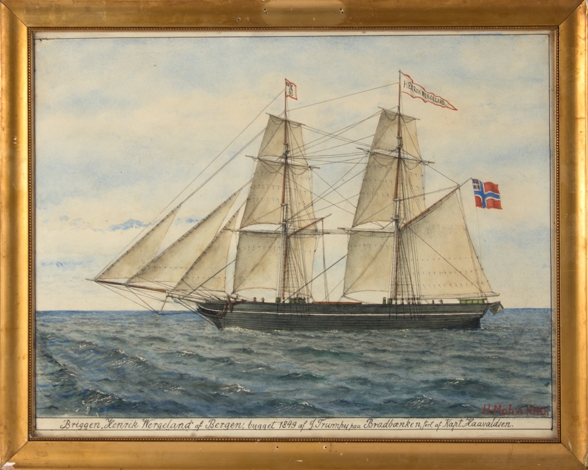 Skipsportrett av briggen HENRIK WERGELAND med full seilføring. Unionsflagg ankter, samt vimpel i mast med navn HENRIK WERGELAND samt X93.
