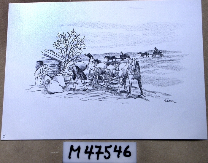Akvarellmålning.
Motivet föreställer ett antal hästforor som väntar på att bli 
avlastade vid ett timrat uthus.