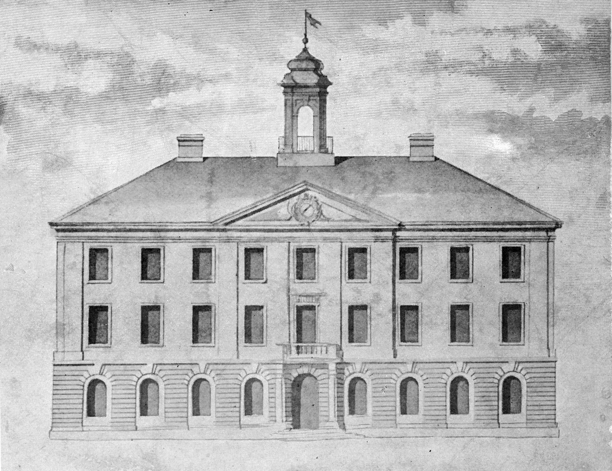 Rådhuset. Ritning till "stadshus" / rådhus i Gävle 1782; finnes signerad av Carl Fredrik Adelcrantz och aproberad (antagen) av Gustav III.
