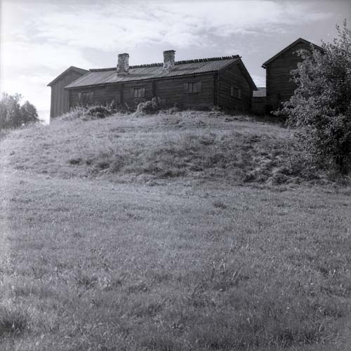 På toppen av en kulle ligger några byggnader belägna, bland annat bostadshus och lador. Nedanför gården växer gräs på åkermarken i Lillhärdal 1961.