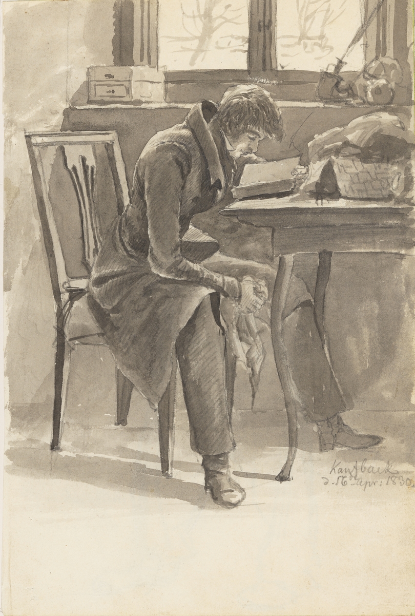 Interiør med lesende mann, Kaufbach [Tegning]
