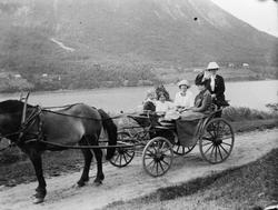 2 jenter og 3 kvinner i hestevogn tilhørende Berlihuset på K