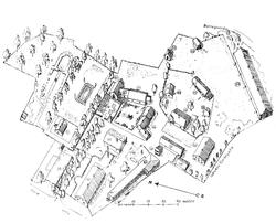 Tegnet kart over Borgarsyssel Museum i Sarpsborg. Skisse i f