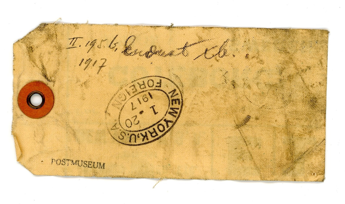 Etikett för postpåse andvänd under första värlskriget.