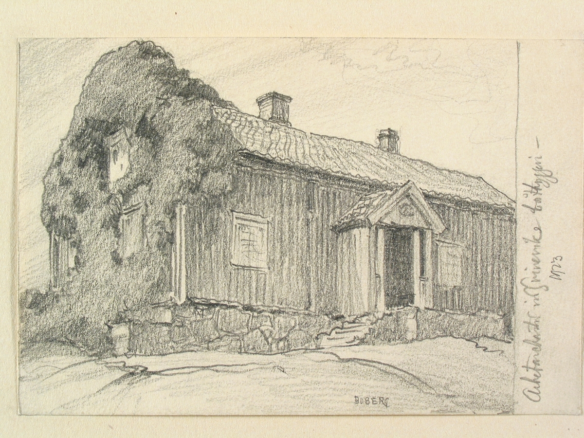 Bohuslän. "Arbetarebostad vid Svineviks båtbyggeri". Teckning av Ferdinand Boberg